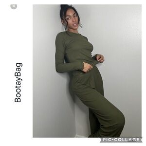 BOOTAYBAG RAYON RIBBED OLIVE GREEN LS TOP HIGH RISE WIDE LEG LEGGINGS SET